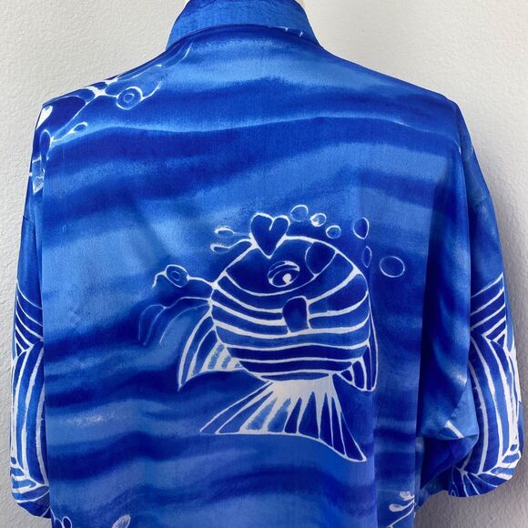 Blue Silky Oversize Semi-Sheer Tunic Blouse 2X Beach Coverup Lounge Boho Resort - Picture 9 of 11